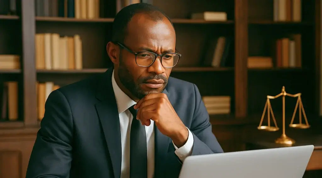 Lawyer reviewing documents with remote team on video call